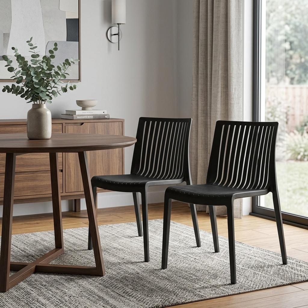 Set of Two Black Heavy Duty Plastic Outdoor Stacking Accent Chairs