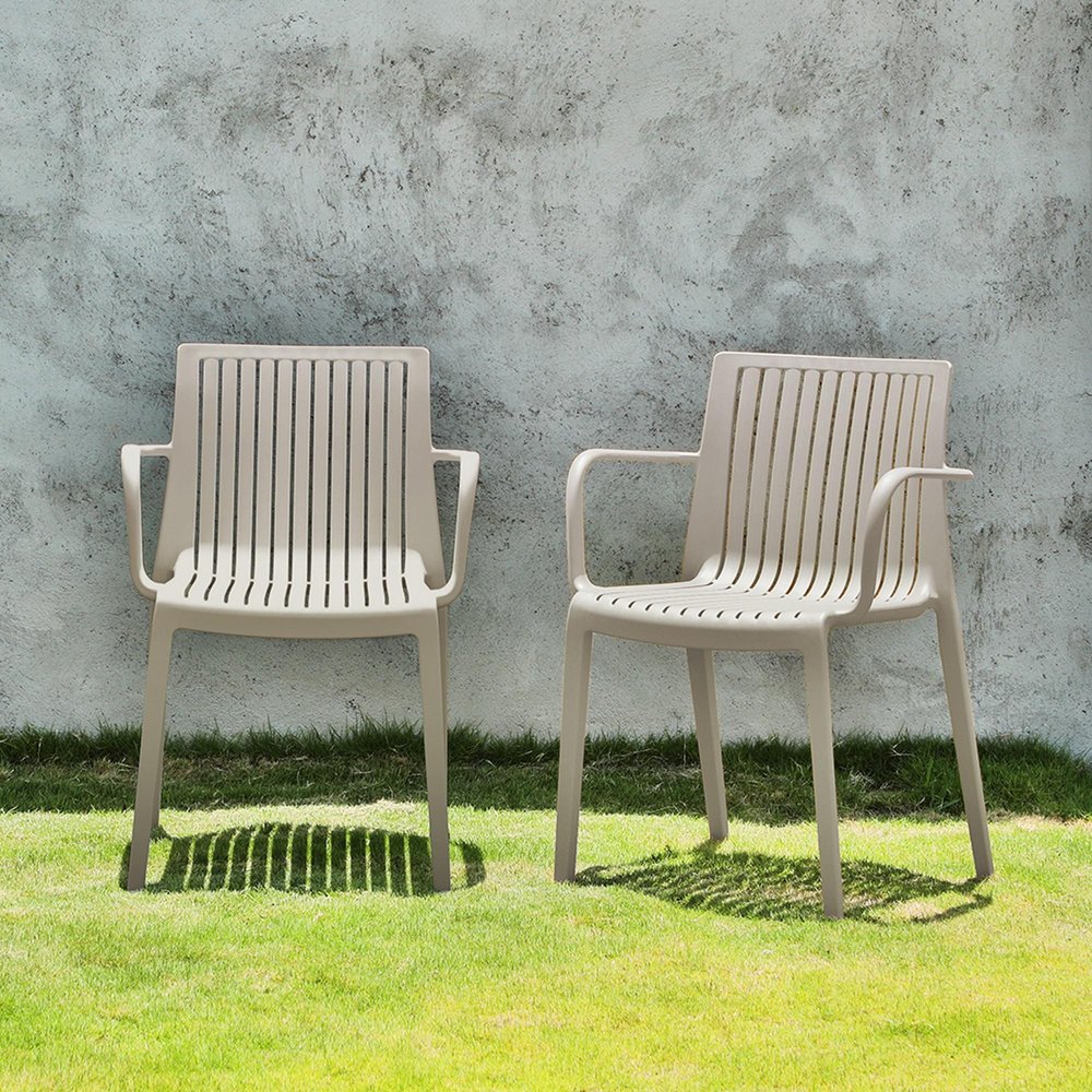 Set of Two Taupe Heavy Duty Plastic Outdoor Stacking Arm Chairs