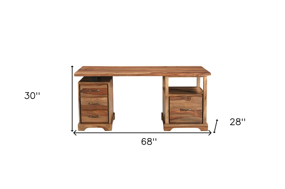 68" Brown Live Edge Solid Wood Writing Desk With Four Drawers