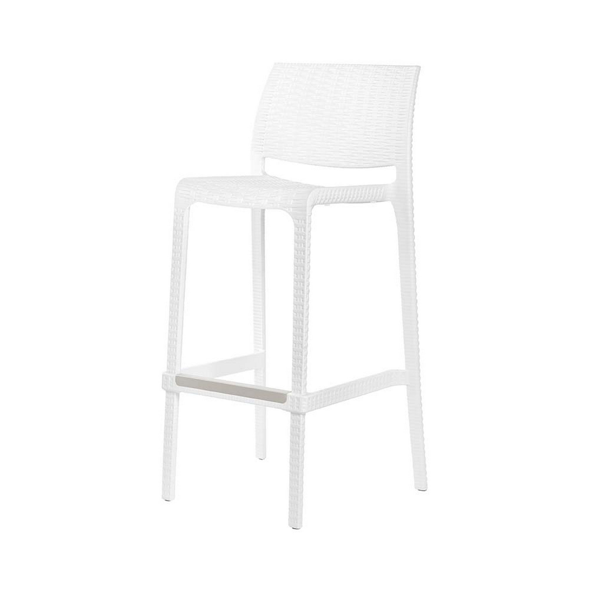 Set of Two 30" White Faux Rattan Low Back Outdoor Bar Height Chairs