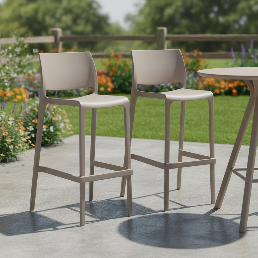 Set of Two 30" Taupe Heavy Duty Plastic Low Back Outdoor Bar Height Chairs
