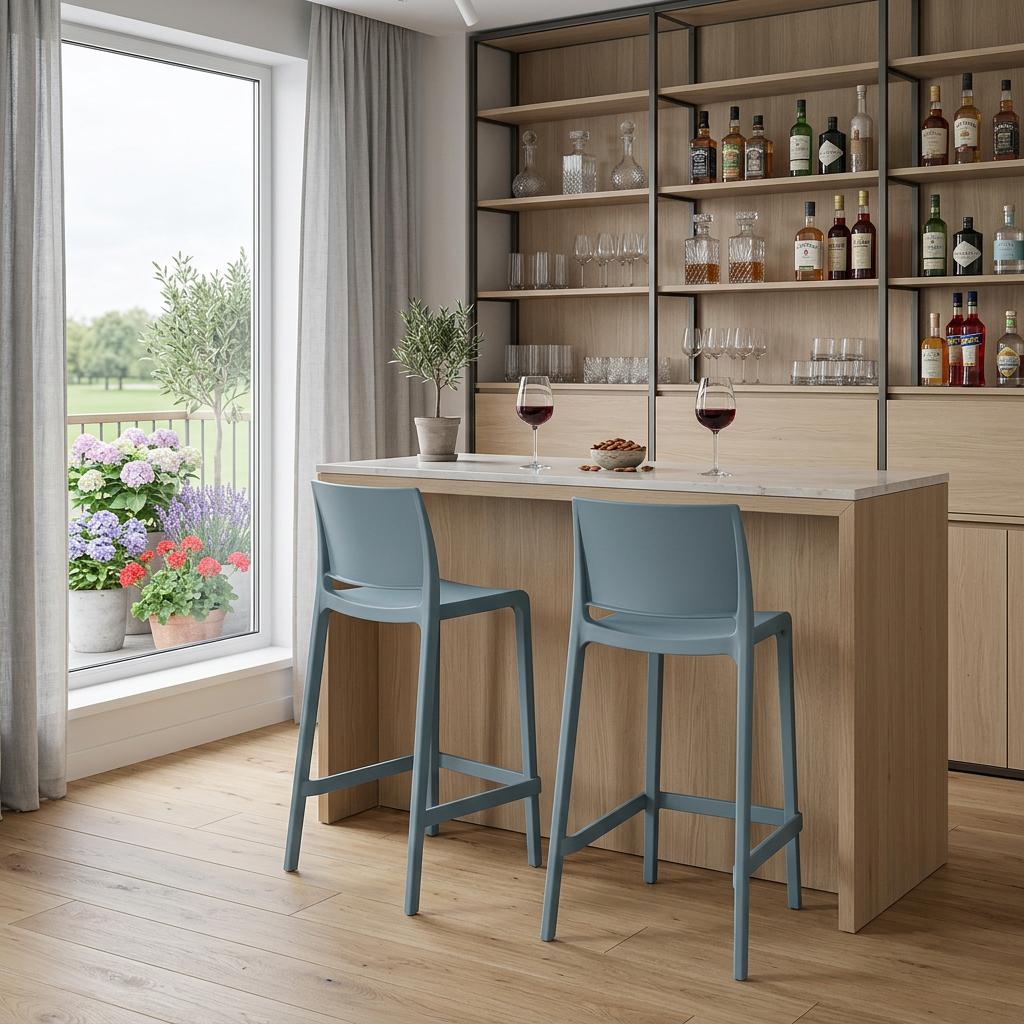 Set of Two 26" Baby Blue Heavy Duty Plastic Low Back Outdoor Counter Height Bar Chairs