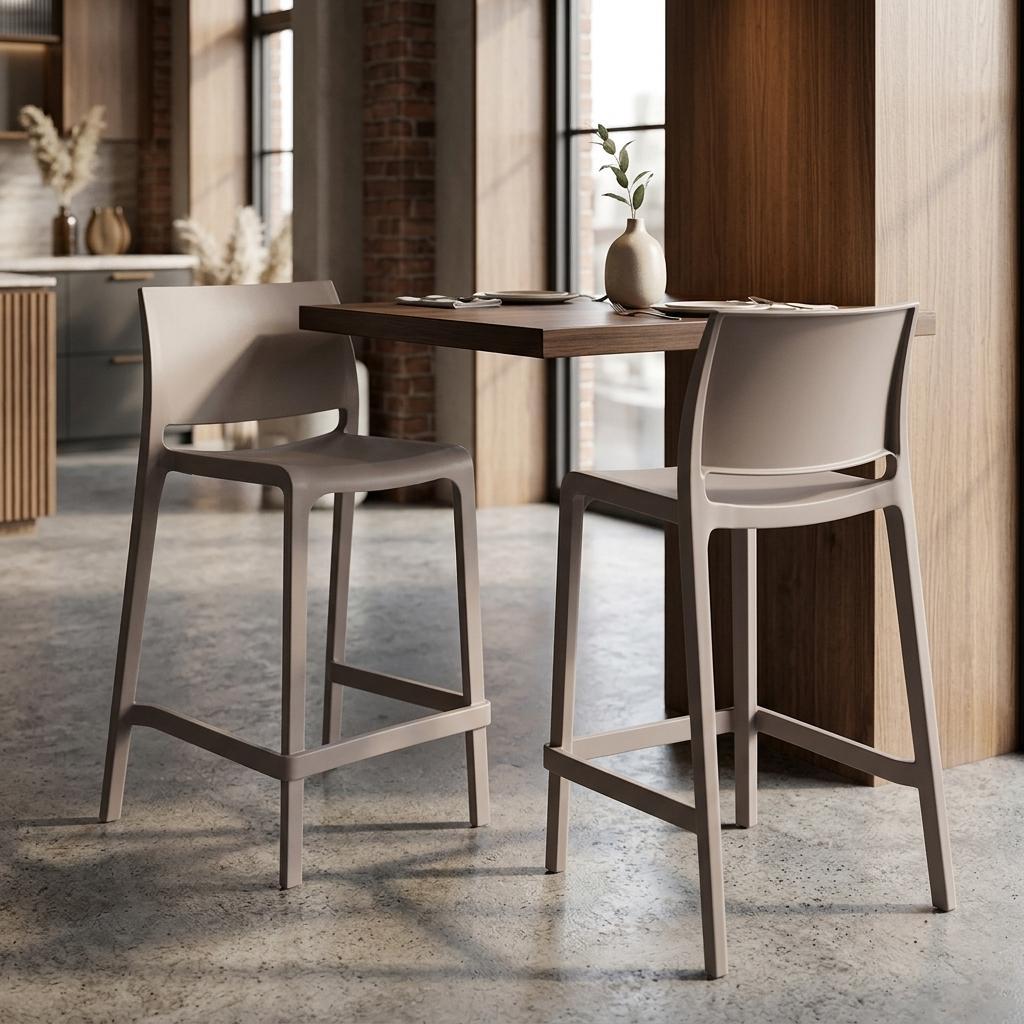 Set of Two 26" Taupe Heavy Duty Plastic Low Back Outdoor Counter Height Bar Chairs