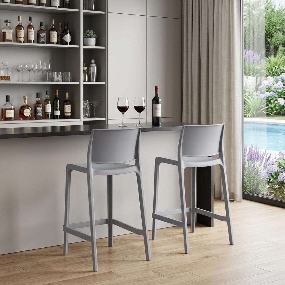 Set of Two 26" Gray Heavy Duty Plastic Low Back Outdoor Counter Height Bar Chairs