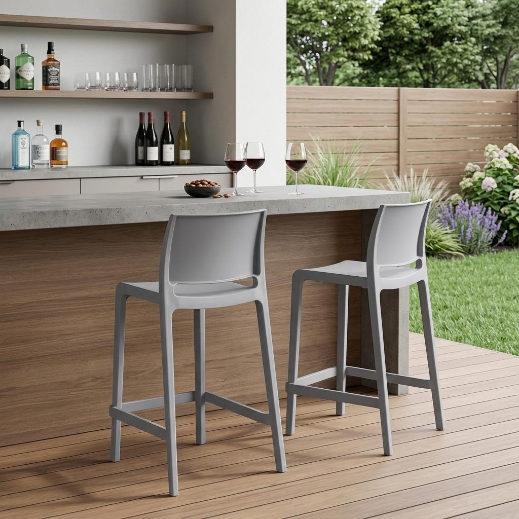 Set of Two 26" Gray Heavy Duty Plastic Low Back Outdoor Counter Height Bar Chairs