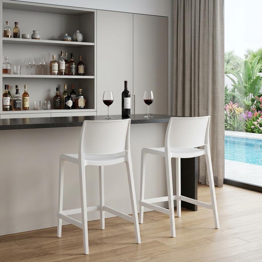 Set of Two 26" White Heavy Duty Plastic Low Back Outdoor Counter Height Bar Chairs