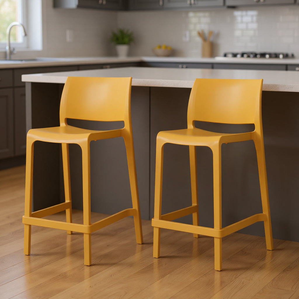 Set of Two 26" Gold and Yellow Heavy Duty Plastic Low Back Outdoor Counter Height Bar Chairs