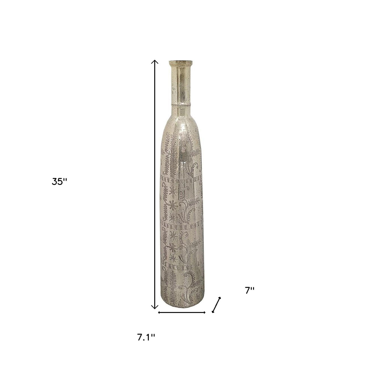 35" Silver Floral Glass Cylinder Floor Vase