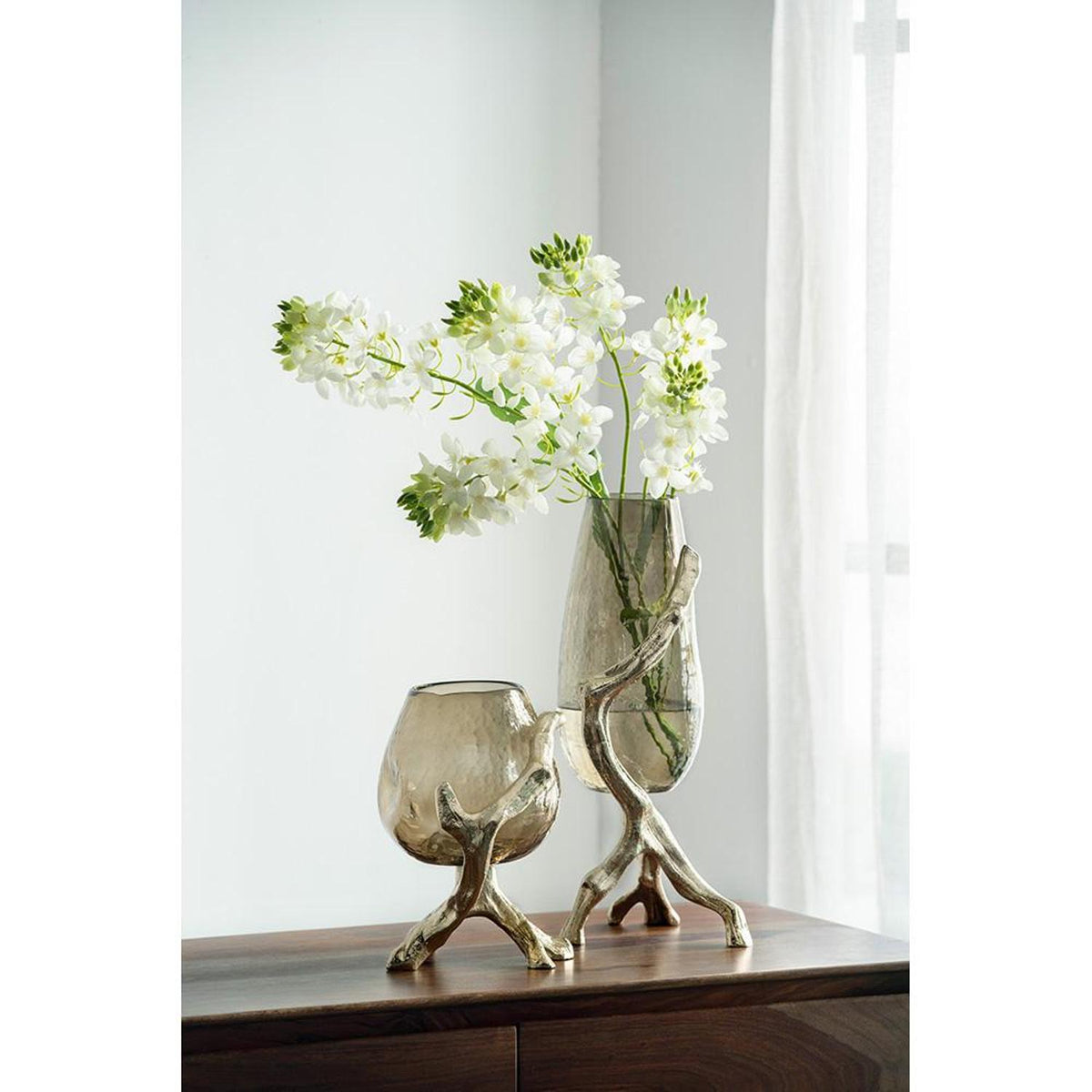 18" Champagne Glass And Metal Table Vase