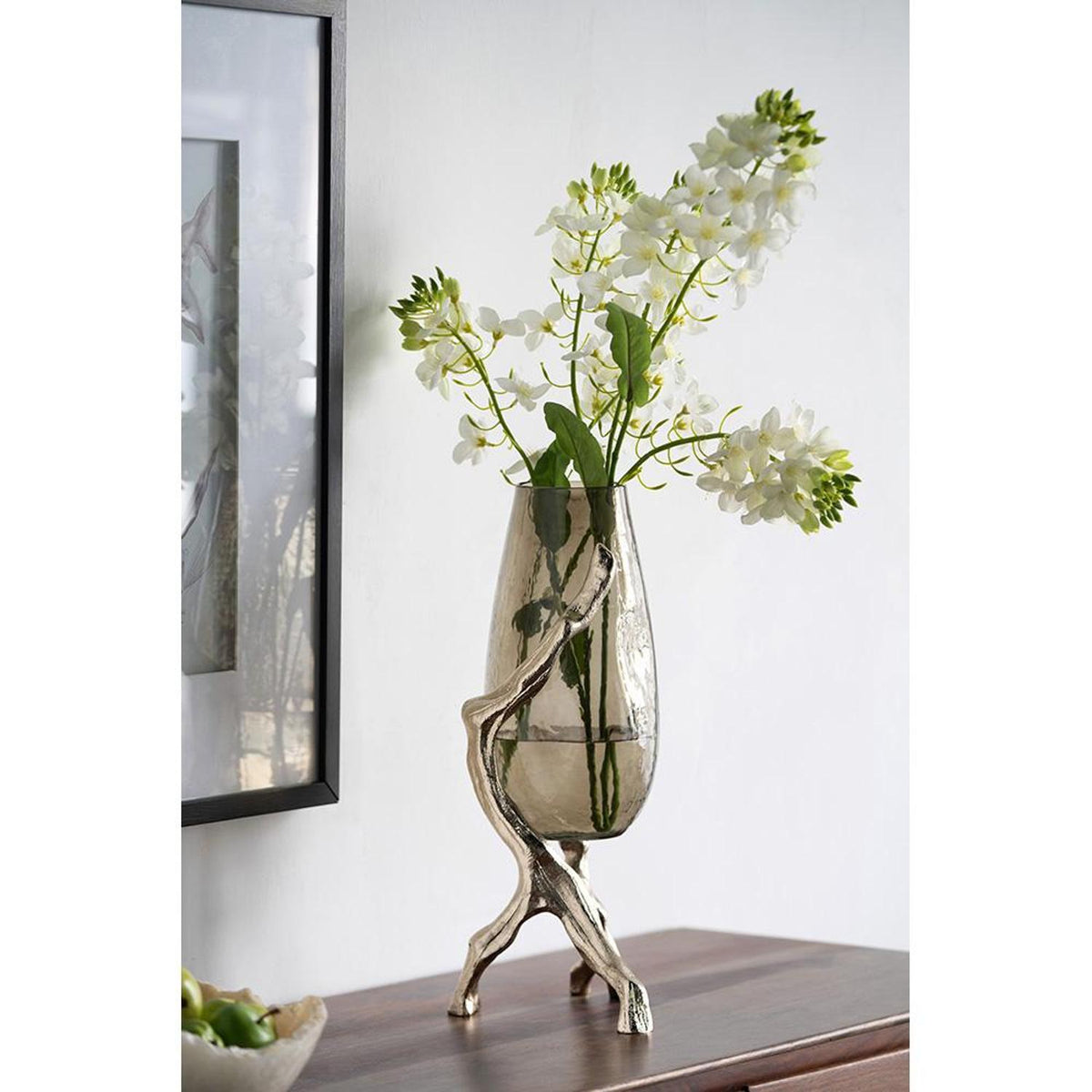 18" Champagne Glass And Metal Table Vase