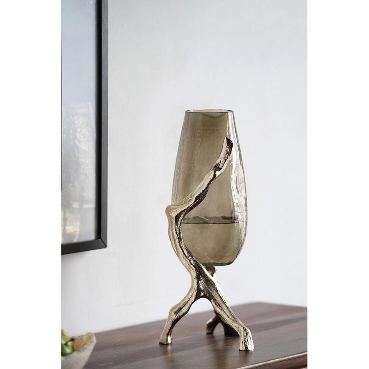 18" Champagne Glass And Metal Table Vase
