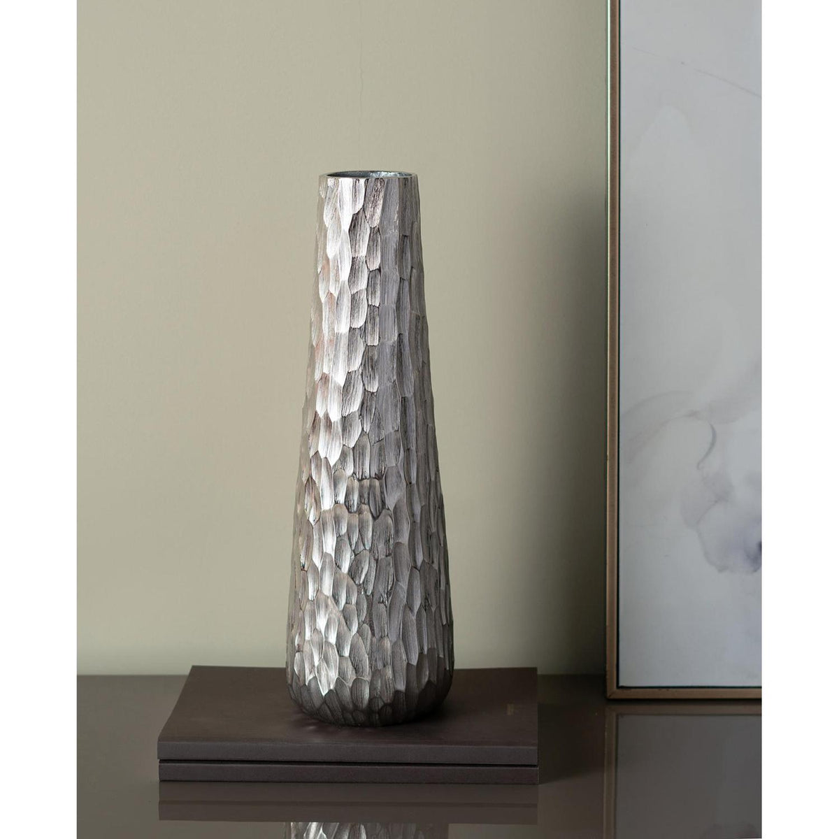 19" Silver Cast Aluminum Carved Geometric Table Vase