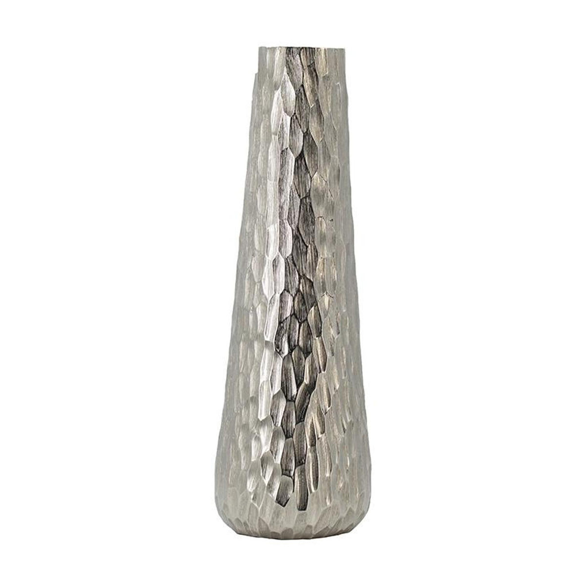 19" Silver Cast Aluminum Carved Geometric Table Vase