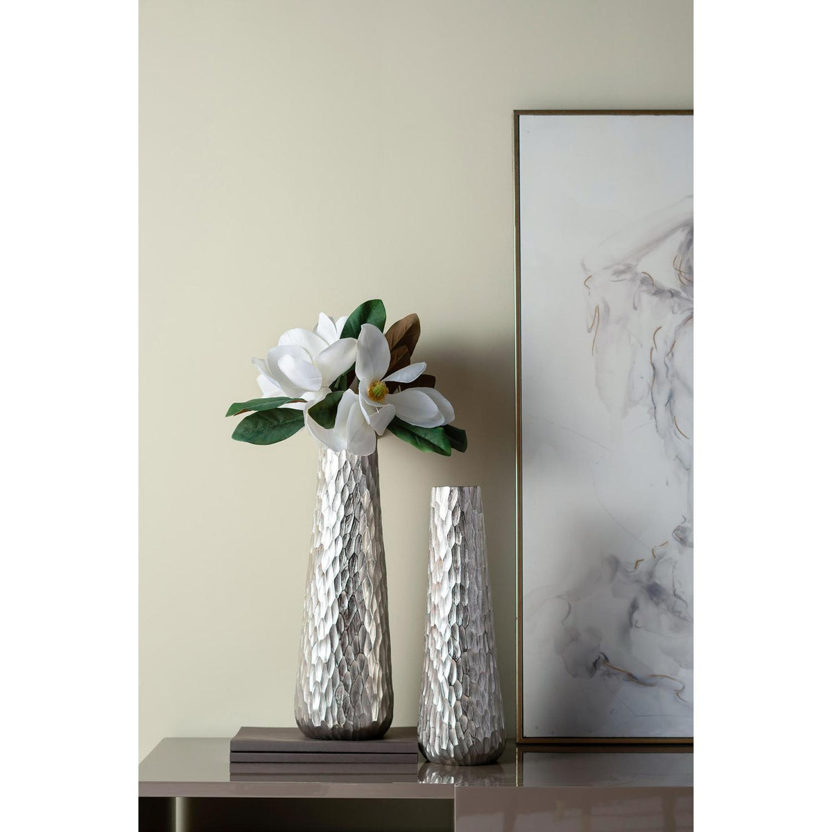 19" Silver Cast Aluminum Carved Geometric Table Vase