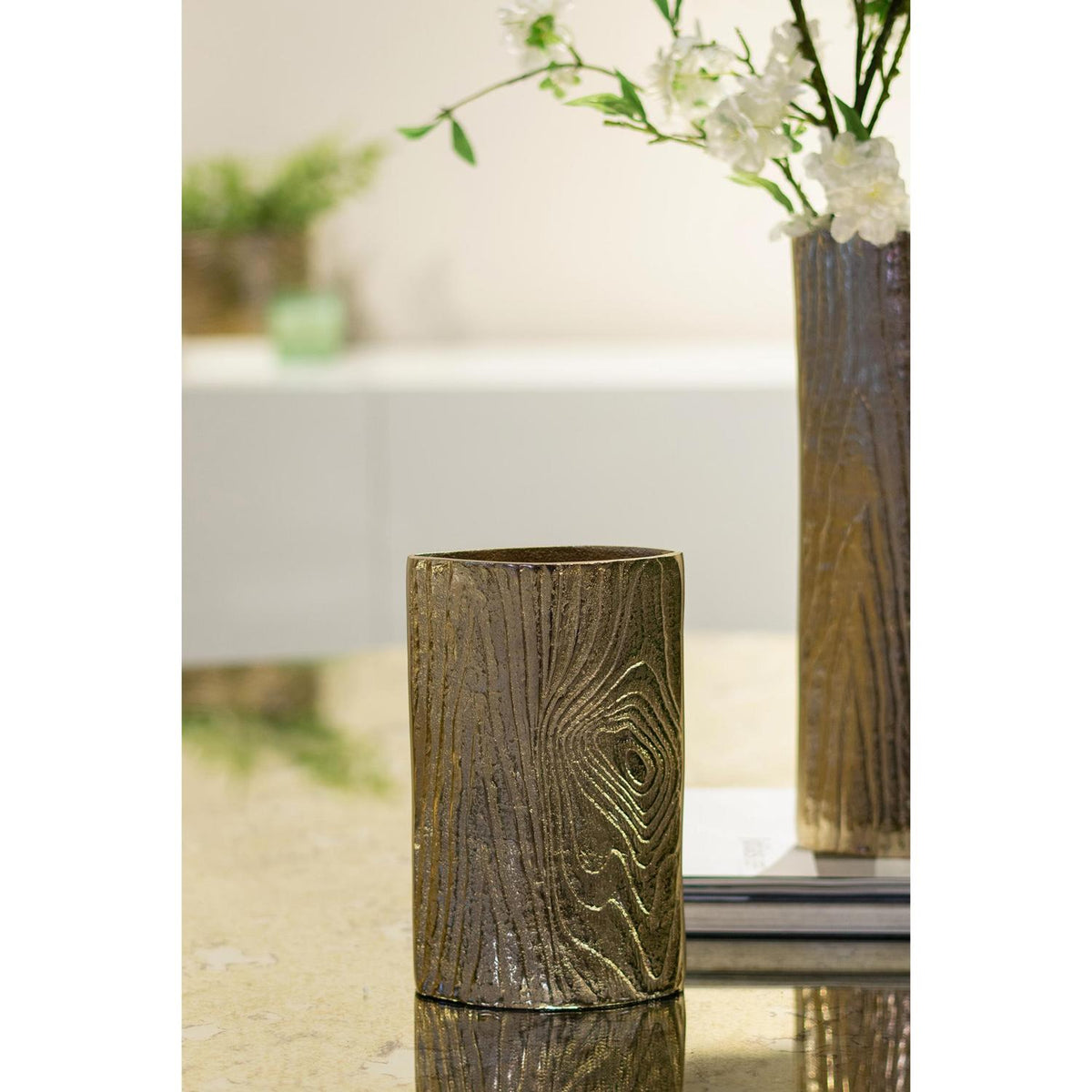 10" Gold Aluminum Oval Faux Wood Table Vase
