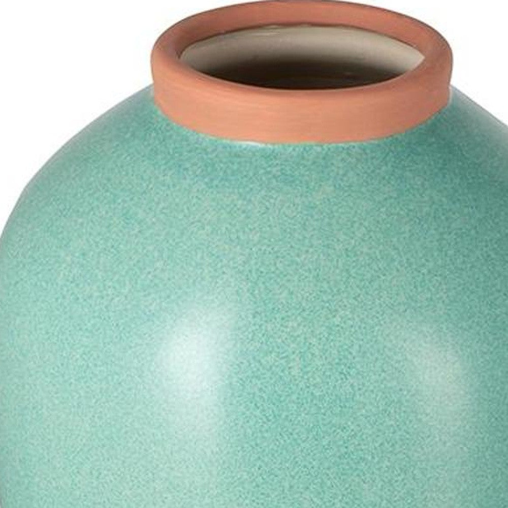 13" Aqua And Terra Cotta Ceramic Round Table Vase