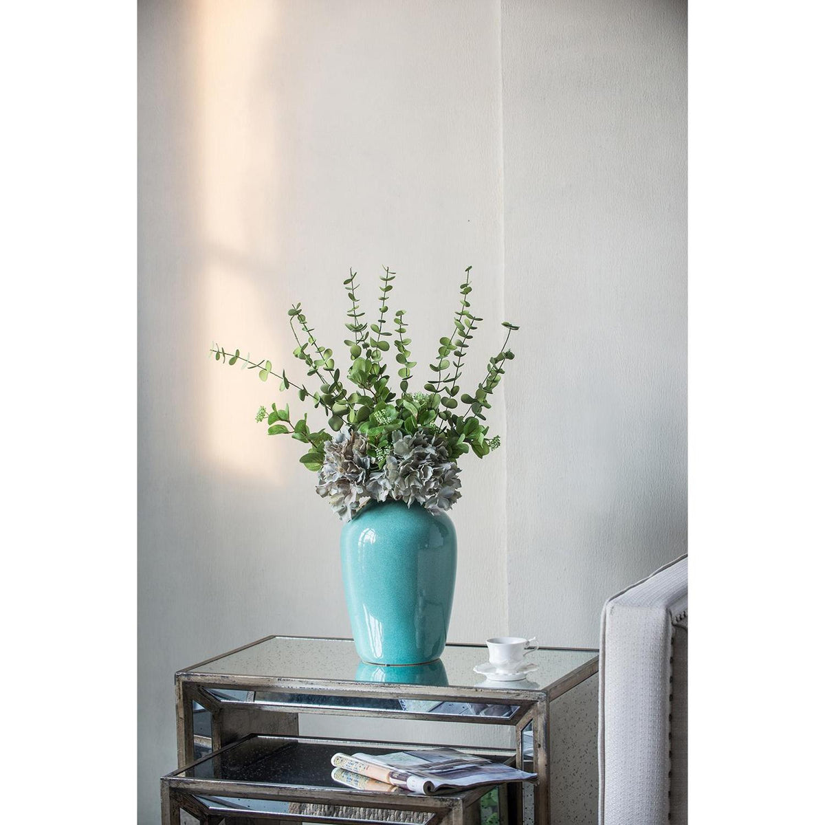 13" Aqua And Terra Cotta Ceramic Round Table Vase