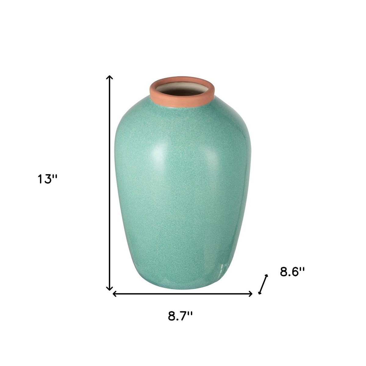 13" Aqua And Terra Cotta Ceramic Round Table Vase