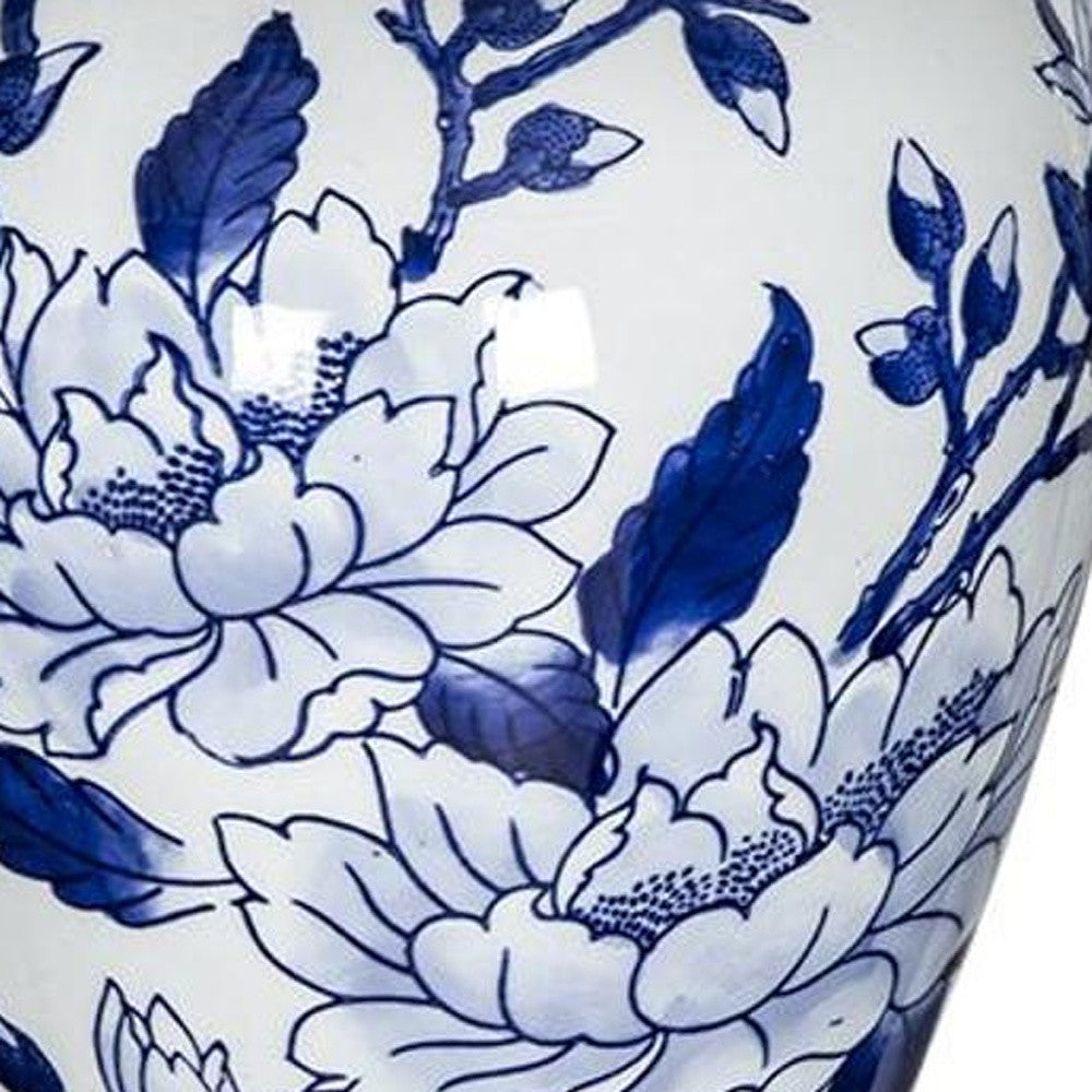 13" Blue And White Floral Chinoiserie Round Porcelain Table Vase