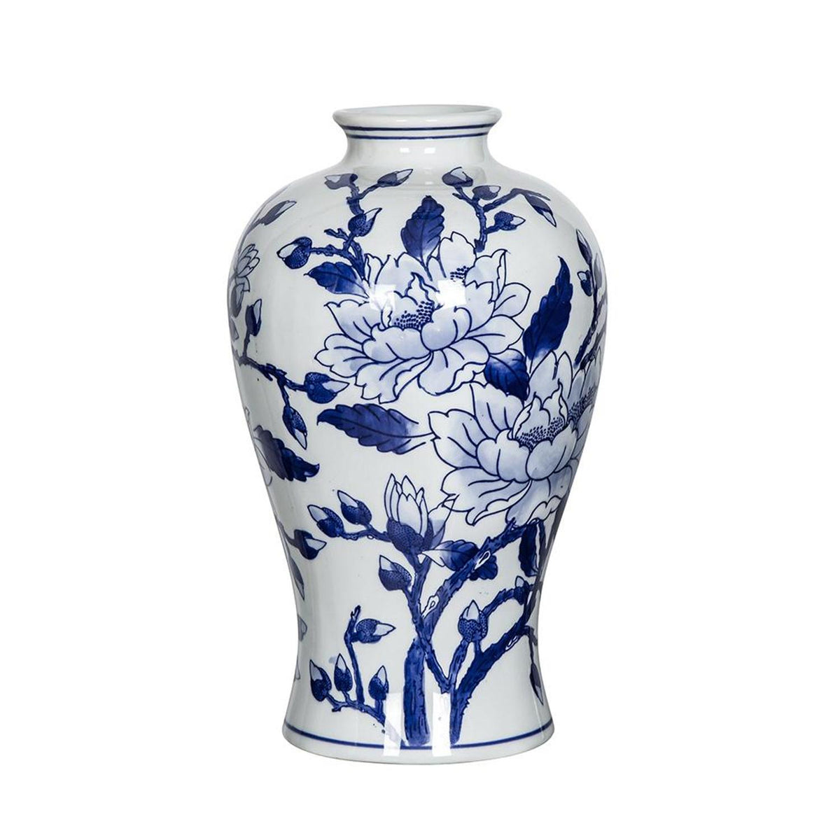 13" Blue And White Floral Chinoiserie Round Porcelain Table Vase