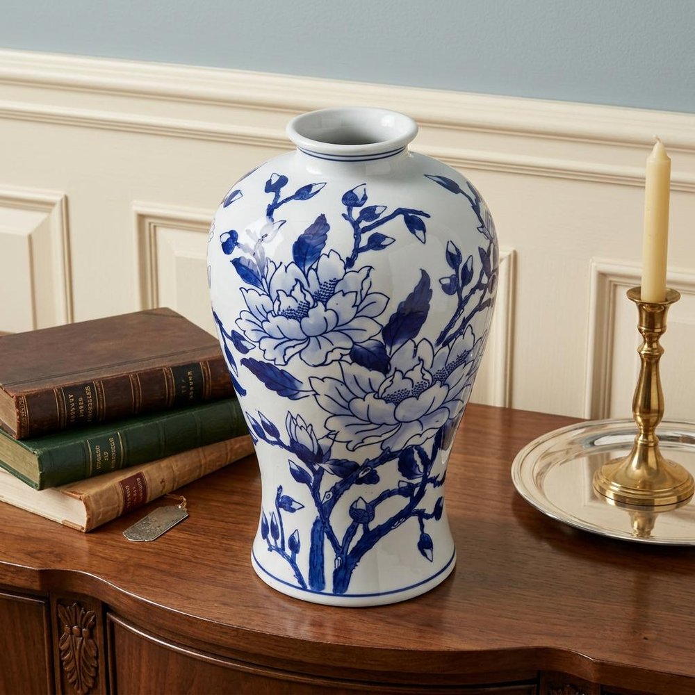 13" Blue And White Floral Chinoiserie Round Porcelain Table Vase