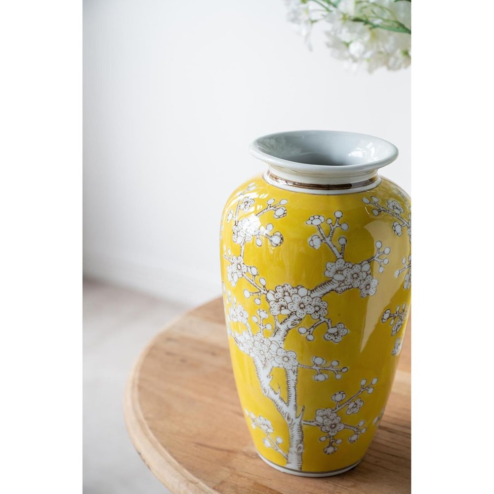 11" White And Yellow Floral Porcelain Urn Table Vase