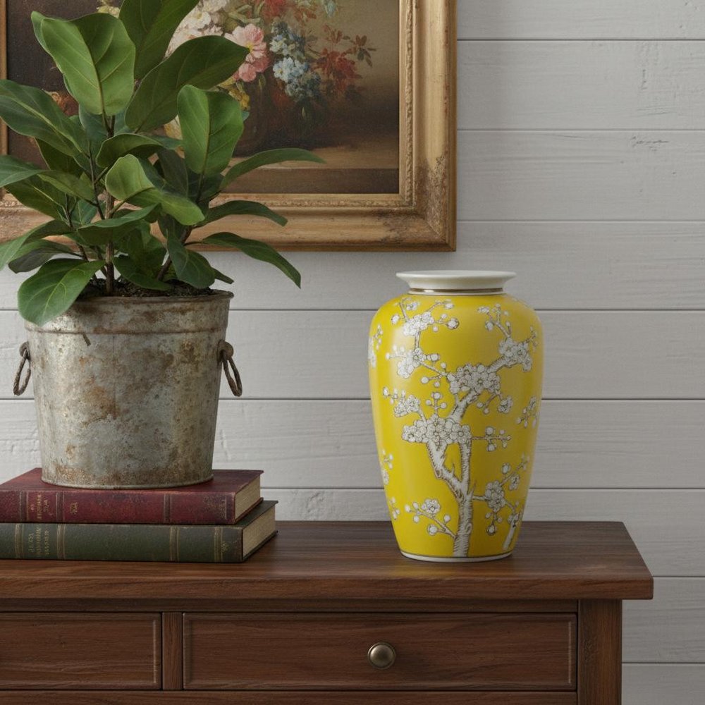 11" White And Yellow Floral Porcelain Urn Table Vase