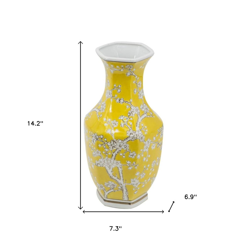 14" Yellow And White Chinoiserie Floral Porcelain Table Vase