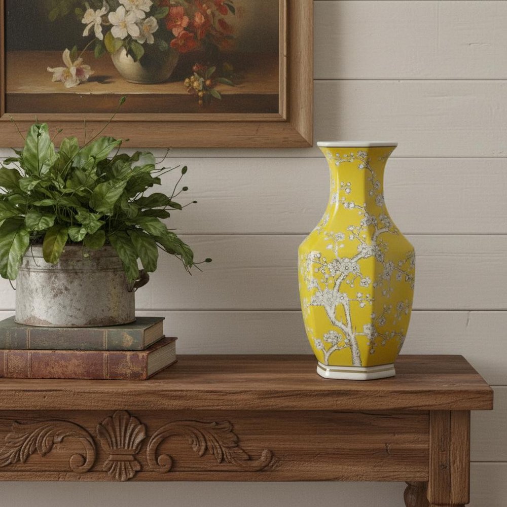 14" Yellow And White Chinoiserie Floral Porcelain Table Vase