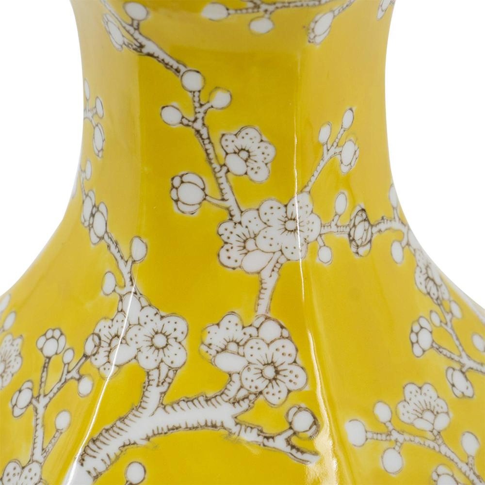 14" Yellow And White Chinoiserie Floral Porcelain Table Vase