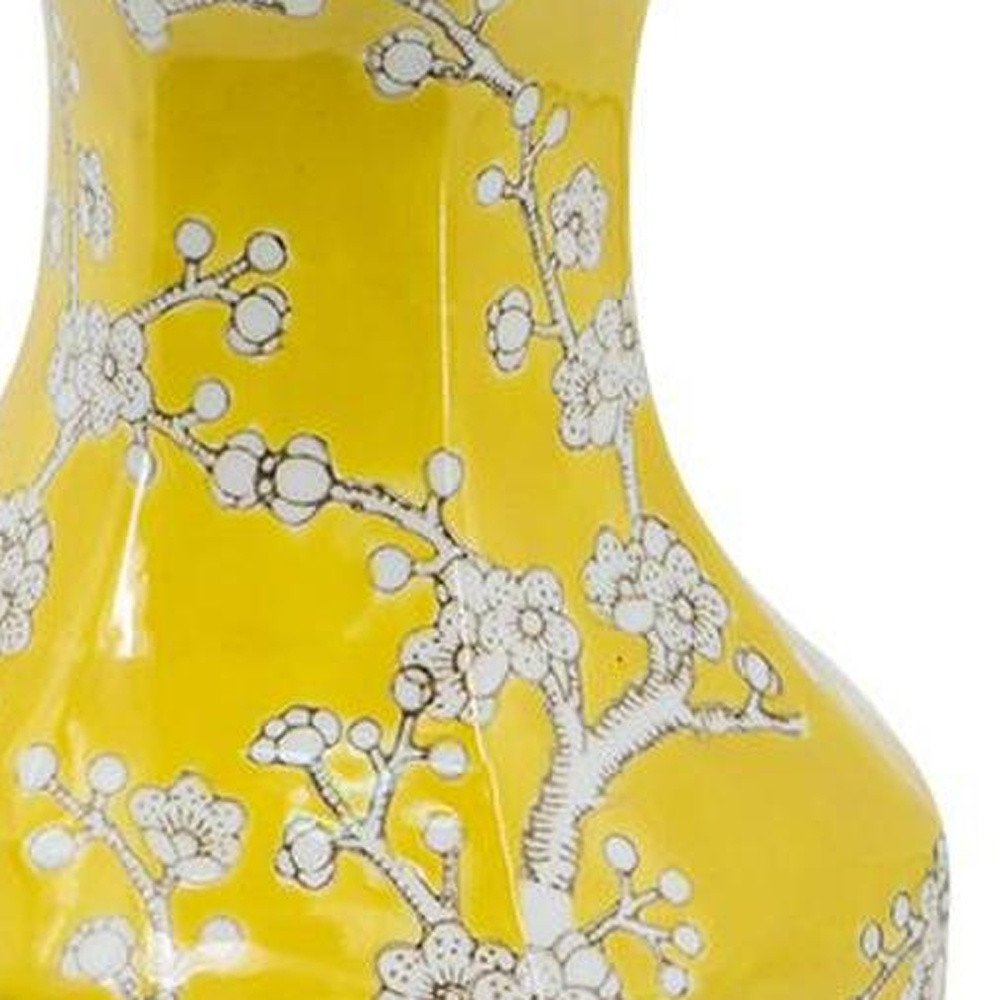 14" Yellow And White Chinoiserie Floral Porcelain Table Vase