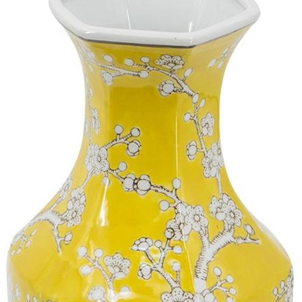 14" Yellow And White Chinoiserie Floral Porcelain Table Vase