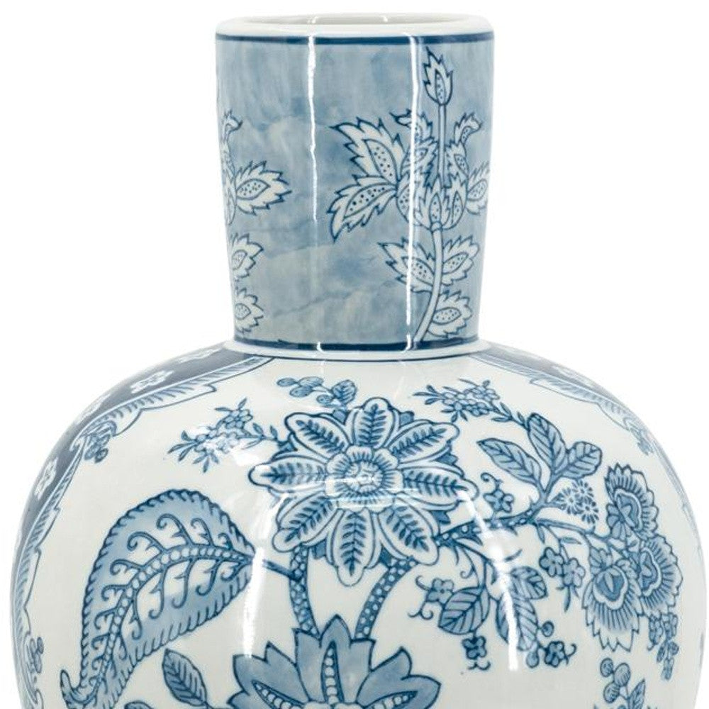17" Light Blue And White Floral Round Porcelain Table Vase