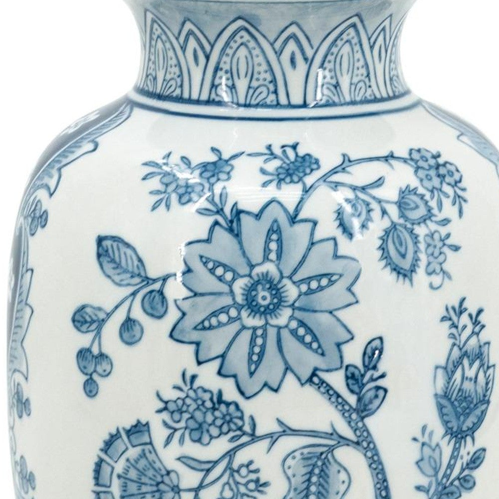 9" Light Blue And White Floral Round Porcelain Jar