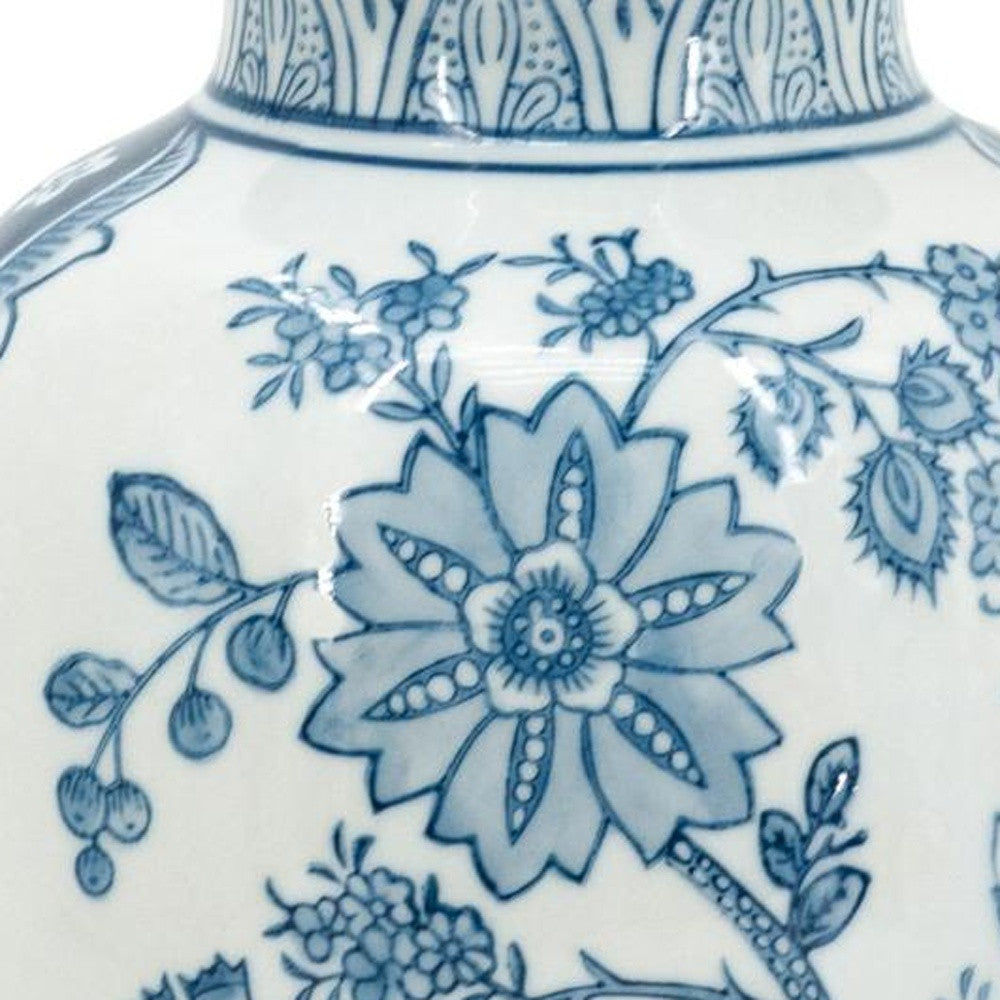 9" Light Blue And White Floral Round Porcelain Jar