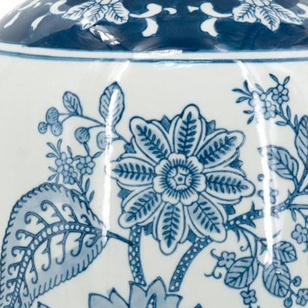 15" Light Blue And White Floral Porcelain Urn Vase