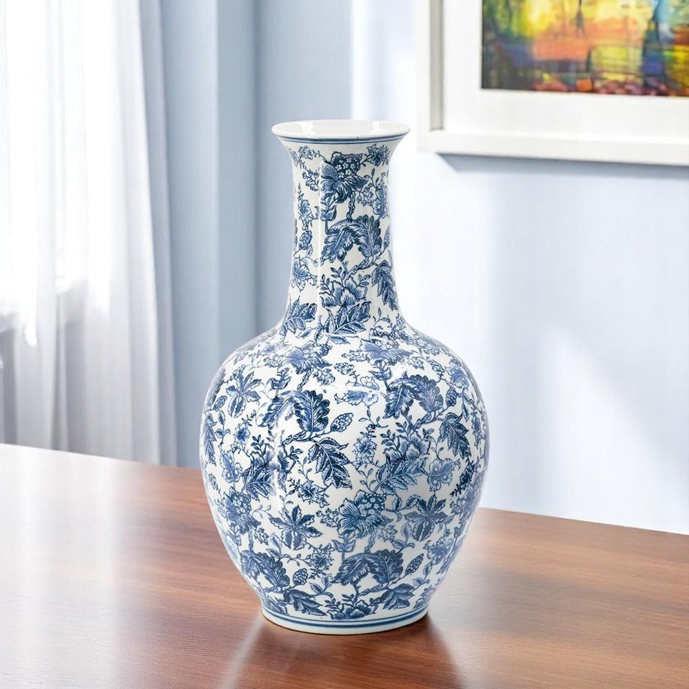 24" Blue And White Floral Curved Porcelain Table Vase