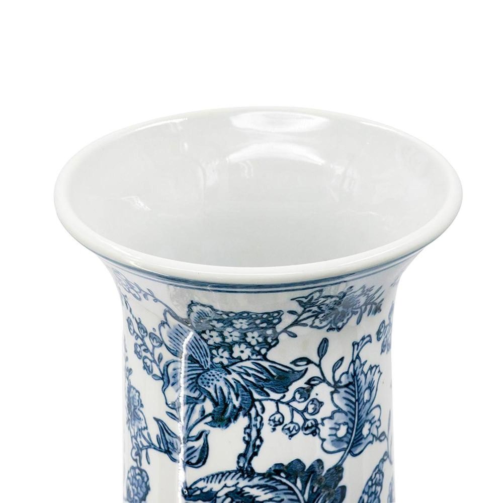 24" Blue And White Floral Curved Porcelain Table Vase