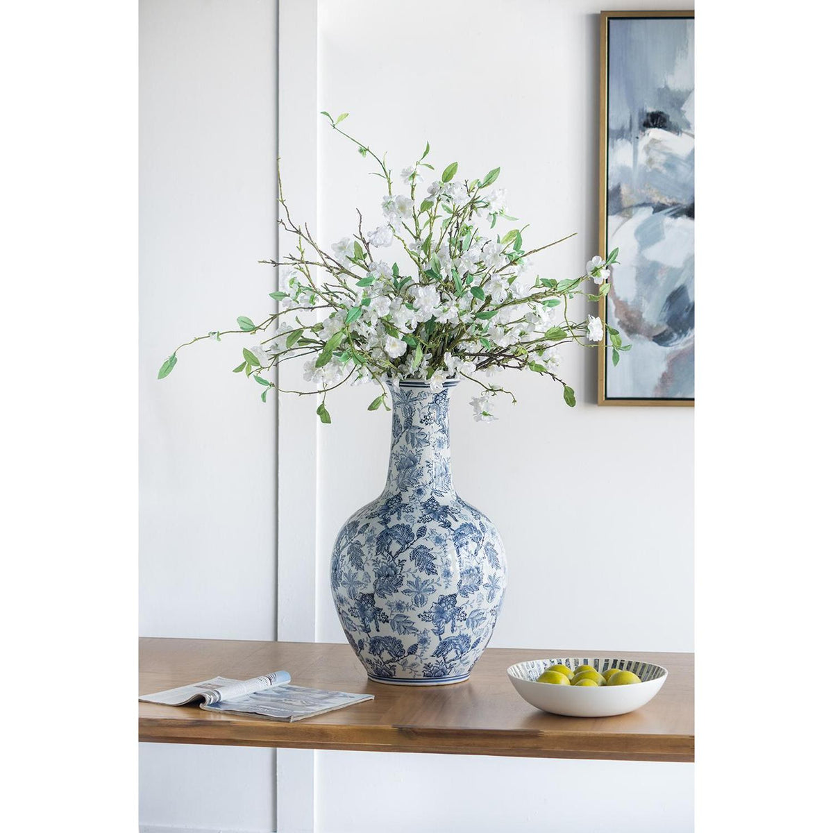 24" Blue And White Floral Curved Porcelain Table Vase