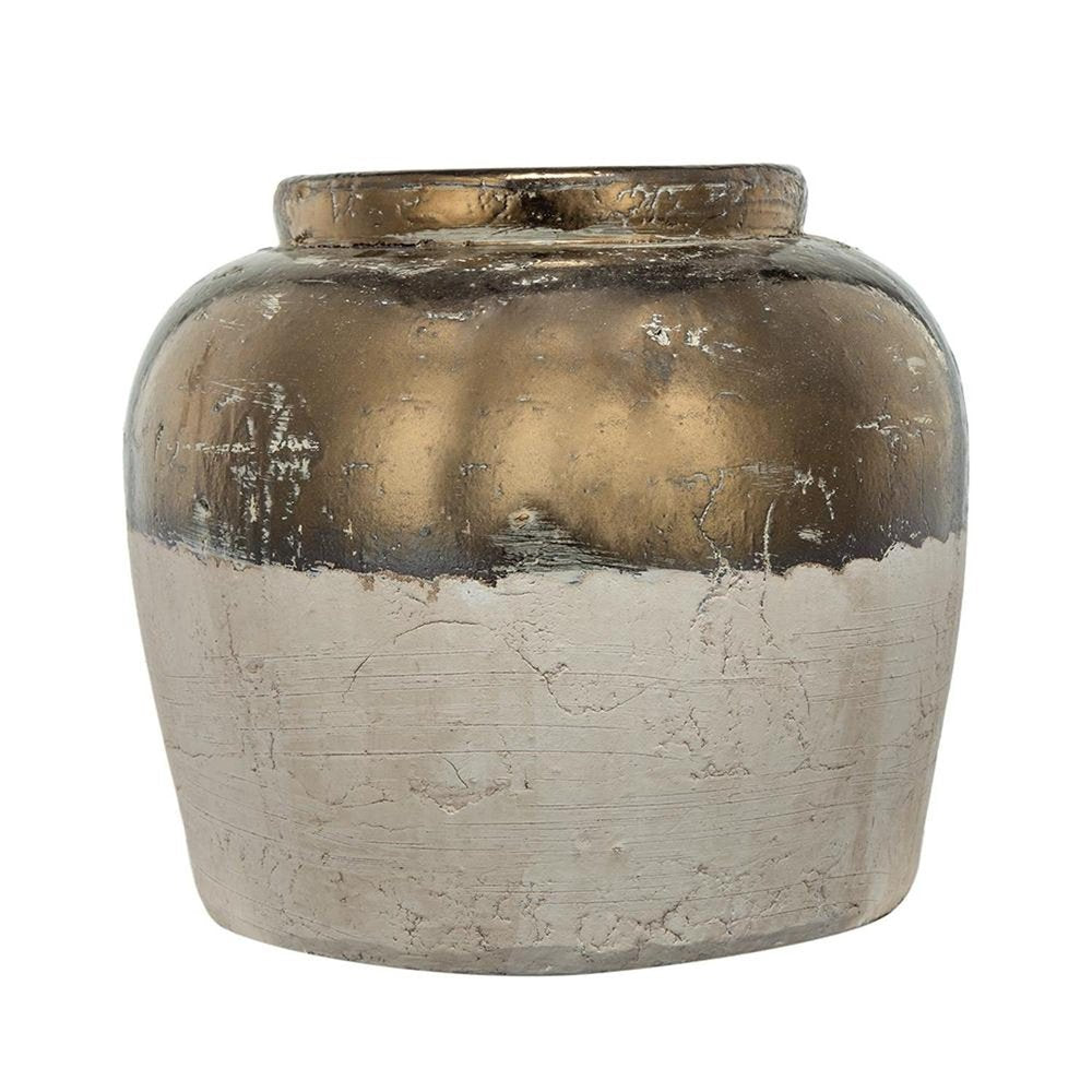11" Antiqued Bronze And Light Gray Color Block Ceramic Round Table Vase