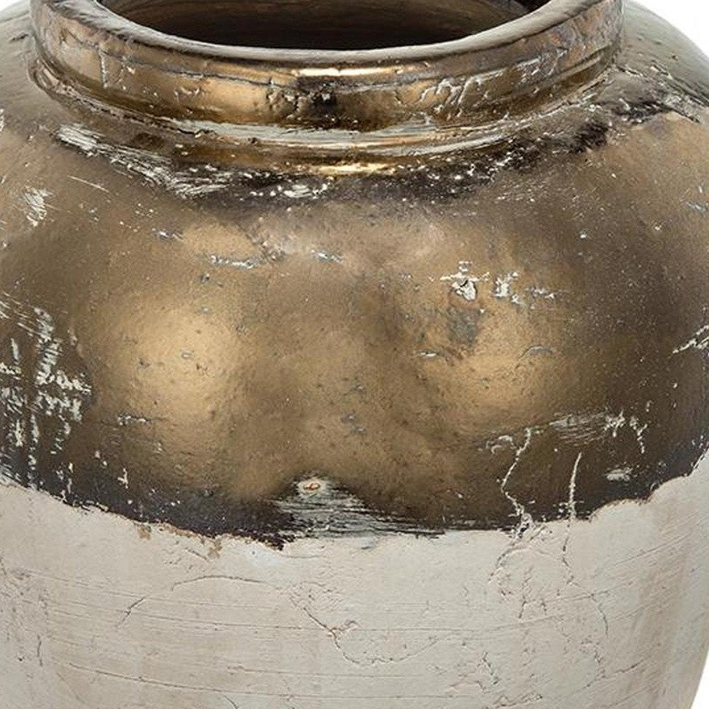 11" Antiqued Bronze And Light Gray Color Block Ceramic Round Table Vase