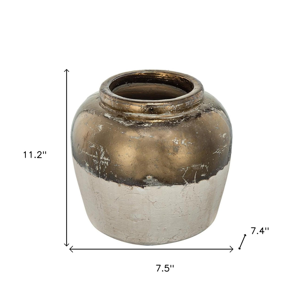 11" Antiqued Bronze And Light Gray Color Block Ceramic Round Table Vase