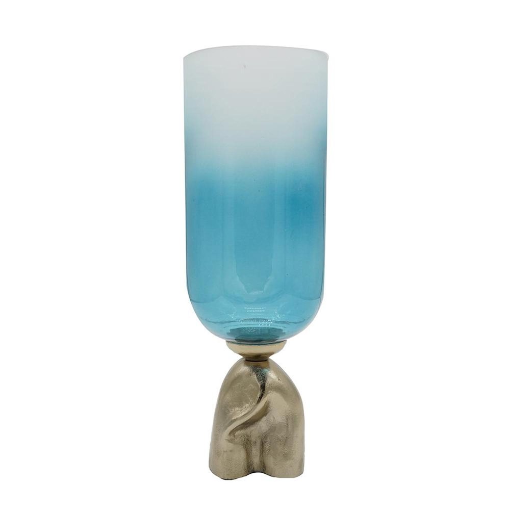 18" Blue White And Gold Ombre Glass And Aluminum Pedestal Table Vase