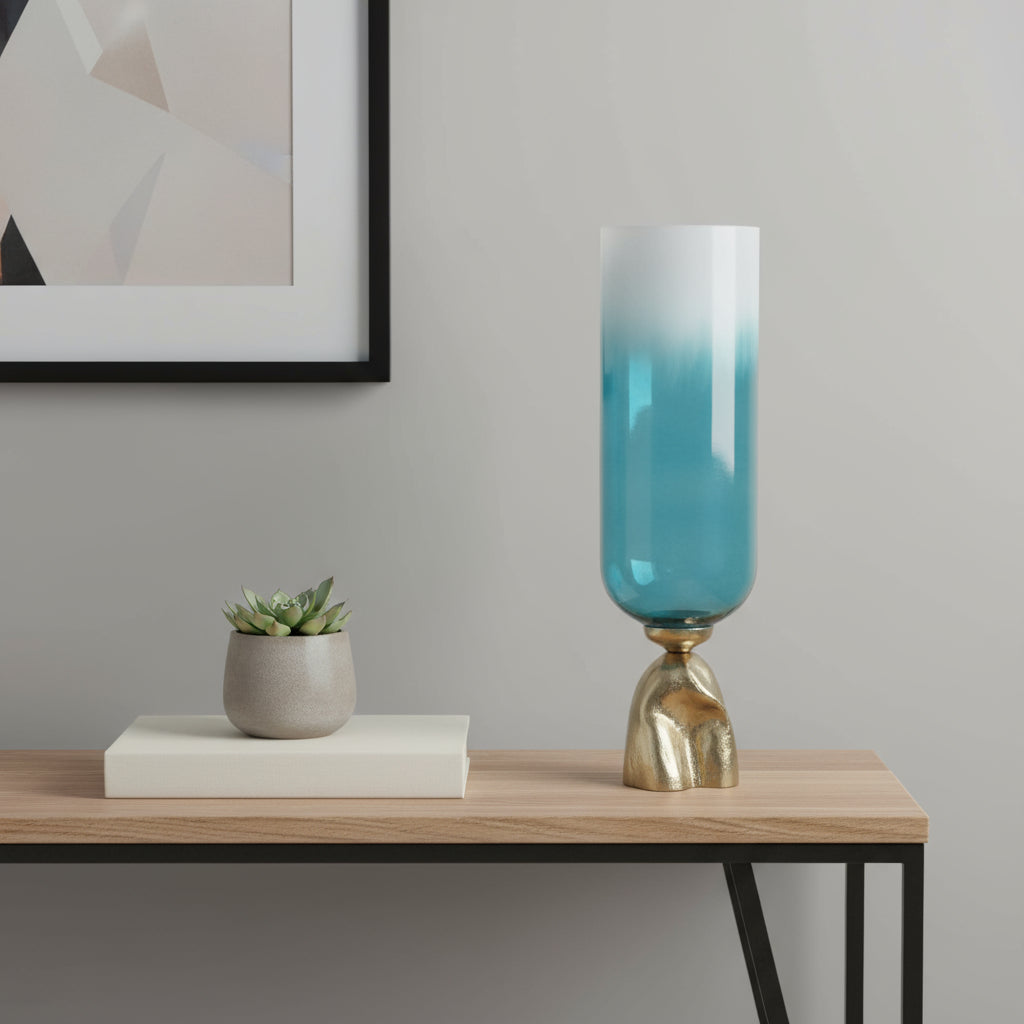 21" Blue White And Gold Ombre Glass And Aluminum Pedestal Table Vase