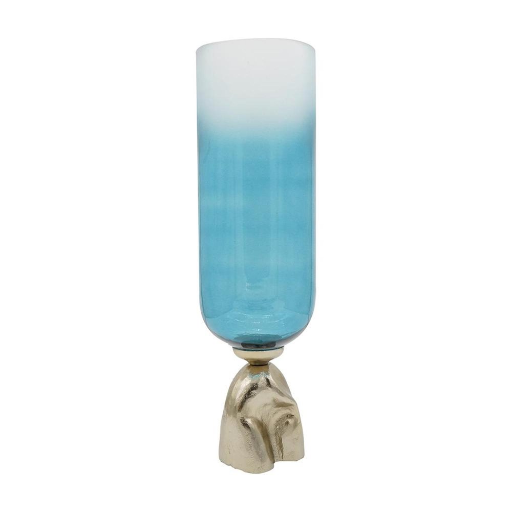 21" Blue White And Gold Ombre Glass And Aluminum Pedestal Table Vase