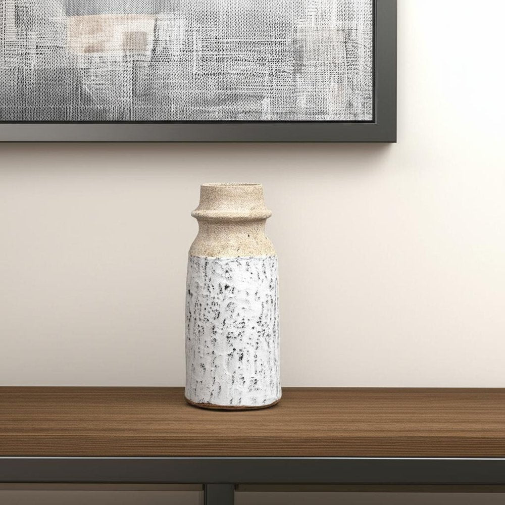10" Beige And Ivory Cylinder Terracotta Table Vase