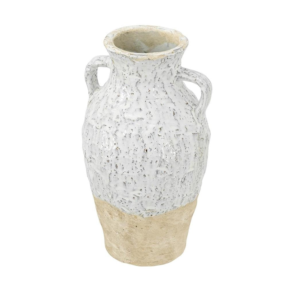 14" Beige And Ivory Color Block Amphora Terracotta Table Vase