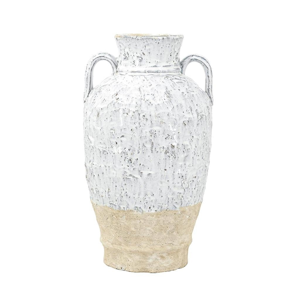 16" Beige And Ivory Amphora Terracotta Urn