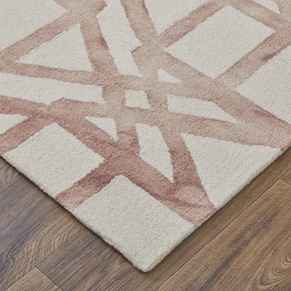 9' X 13' Ivory Pink and Tan Wool Geometric Hand Tufted Area Rug