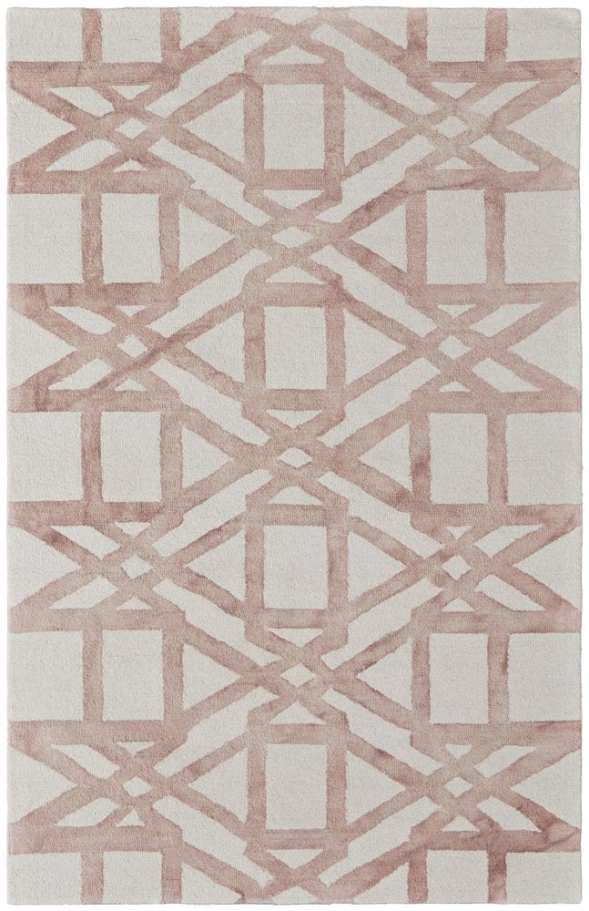 9' X 13' Ivory Pink and Tan Wool Geometric Hand Tufted Area Rug